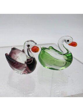Miniature Hand Blown Glass Duck Figurines Green & Purple With Orange Beaks 1"